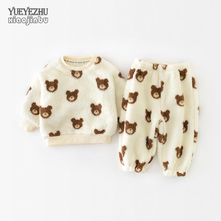 宝宝法兰绒衣服秋冬小熊家居服婴儿连体衣冬季保暖睡衣分体套装潮