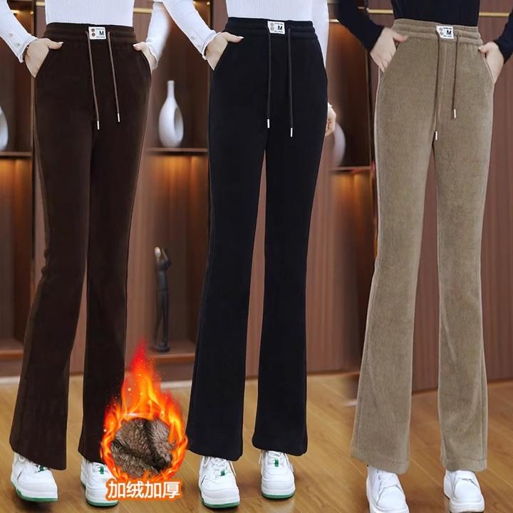 加绒微喇裤女秋季2024新款灯芯绒裤子松紧高腰显瘦加厚喇叭裤长裤