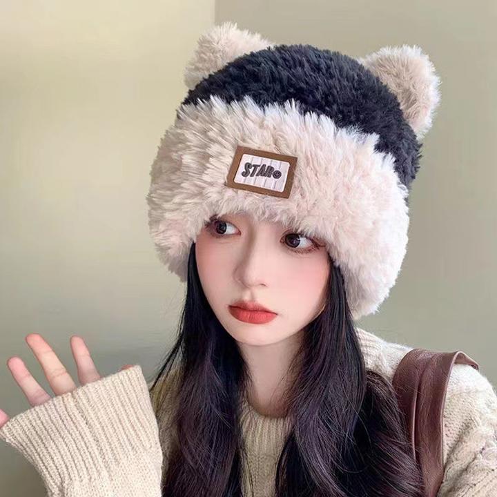 可爱耳朵毛绒加厚包头针织帽子女秋冬季护耳保暖防寒百搭毛绒帽潮