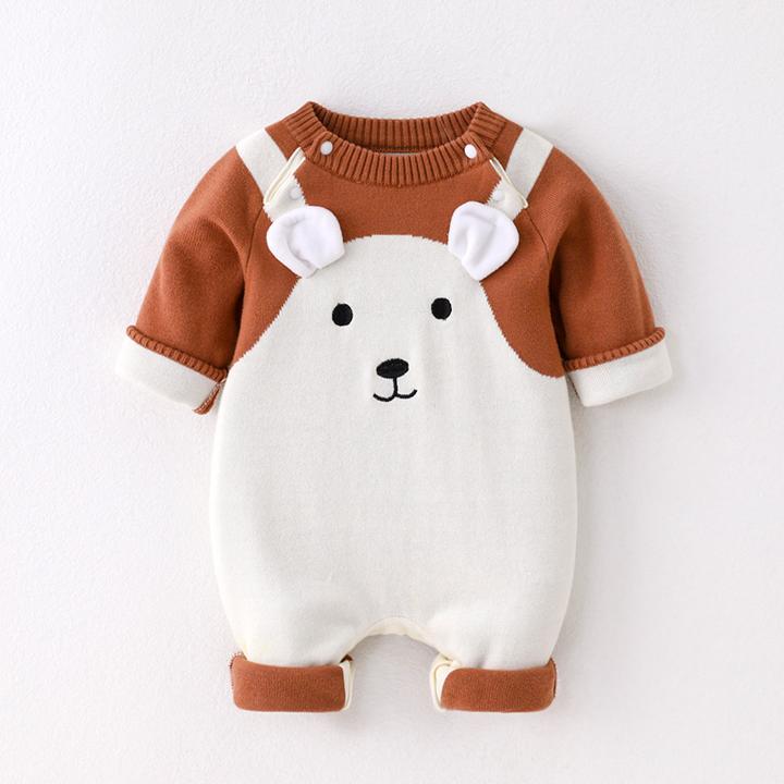 婴儿秋冬新款连体衣卡通小熊毛衣爬服3-18月针织线衣保暖哈衣