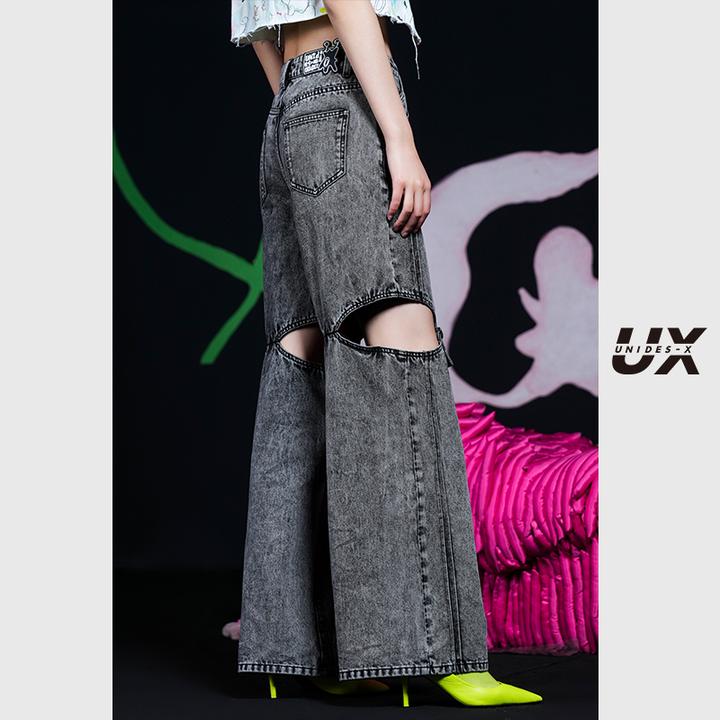 UX夏季新款艺术联名镂空牛仔裤女士深灰色设计休闲裤