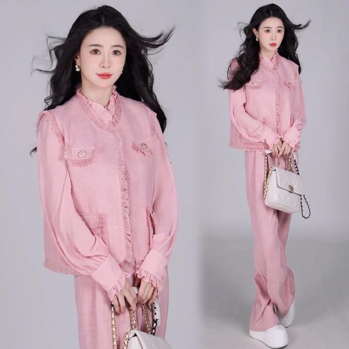 2024年春秋新款时尚百搭衬衣马甲显瘦长裤气质小香风套装女三件套