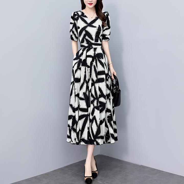 有兜高档真丝连衣裙2025新款夏季长款收腰显瘦短袖洋气大摆长裙子
