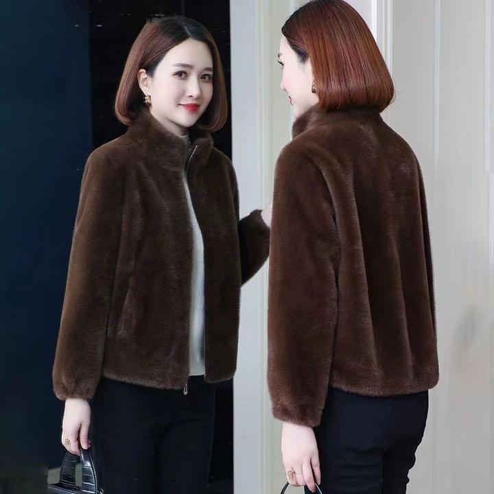 休闲纯色短款立领外套冬季皮毛一体秋冬厚外套时尚百搭加厚保暖