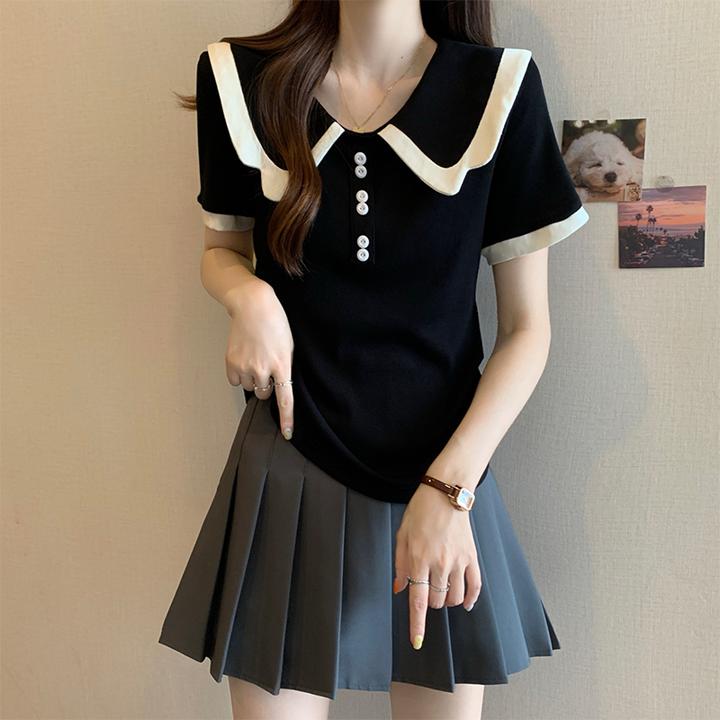 大码遮肚子设计感娃娃领撞色短袖t恤女夏季胖mm显瘦减龄洋气上衣