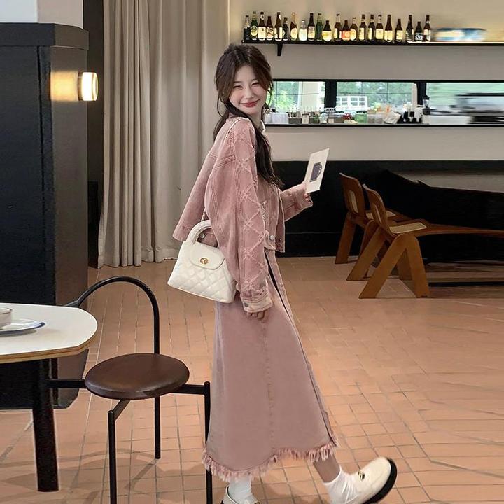 粉色气质复古牛仔套装裙女2024秋季新款拼接外套流苏半身裙两件套