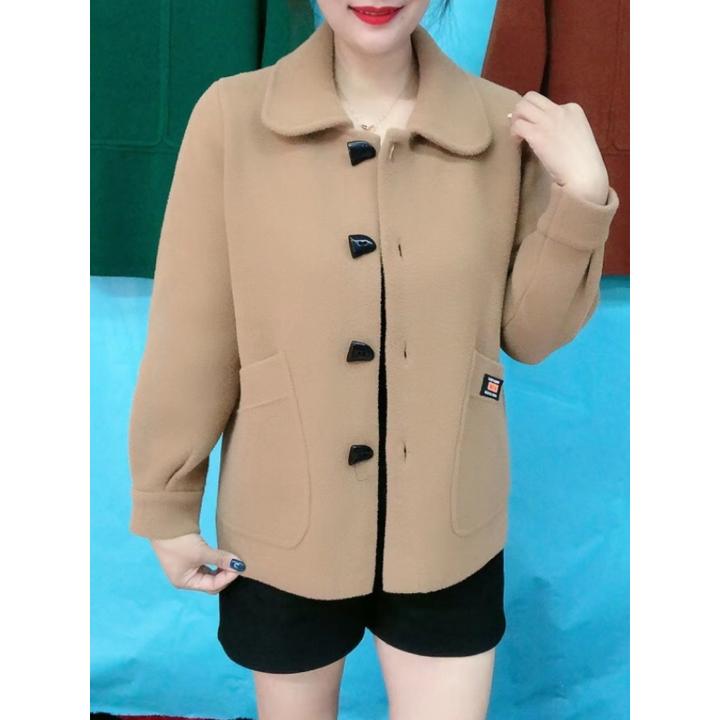 秋冬新款妈妈装仿双面尼毛呢外套洋气牛角扣方领开衫百搭中年上衣