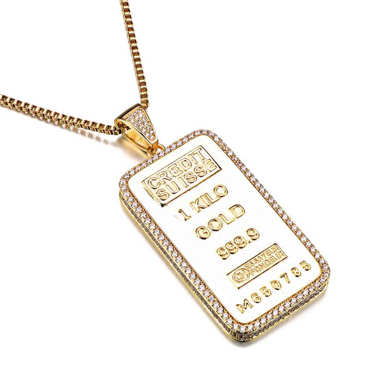 铜项链 方形吊坠嘻哈项链简约18K镀金潮流饰品锆石字母首饰手工