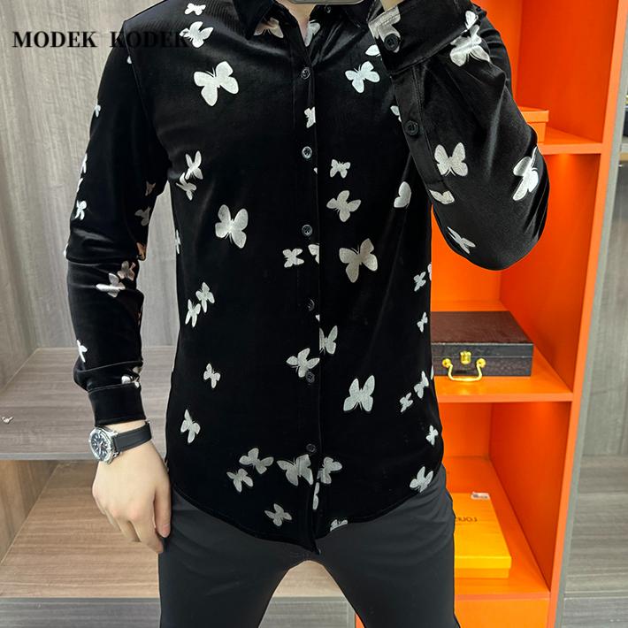 MODEK KODEK新款金丝绒男士长袖休闲衬衫春秋季潮流百搭修身衬衣