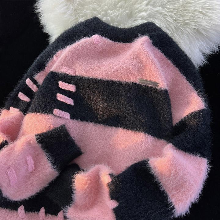 日系复古条纹仿水貂绒针织毛衣女加厚百搭宽松ins设计感小众慵懒