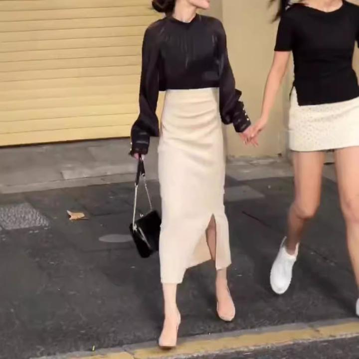 2024新款法式轻奢显瘦黑色长袖衬衫包臀半身裙女