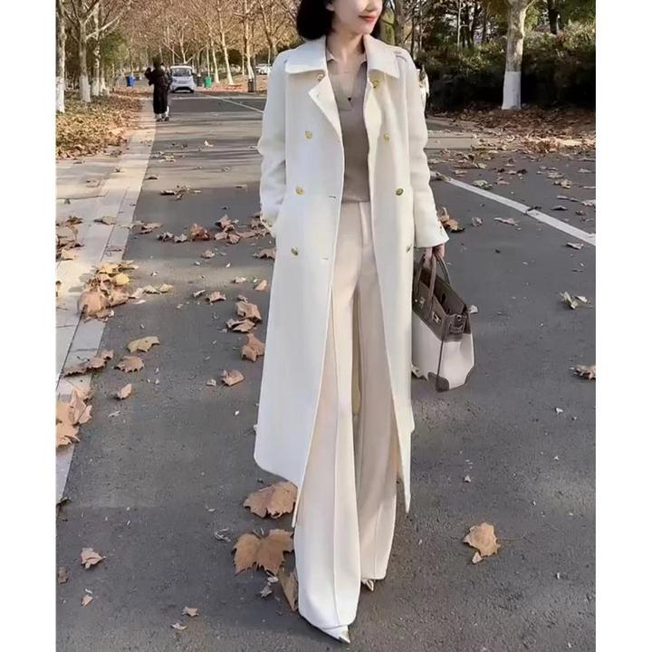 2023新款韩版翻领纯色时尚长款外套高腰阔腿裤女