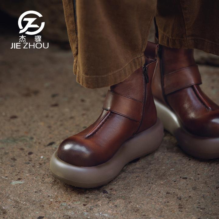 杰骤秋冬款加绒加厚靴子女款真皮厚底英伦风马丁靴女复古圆头短靴