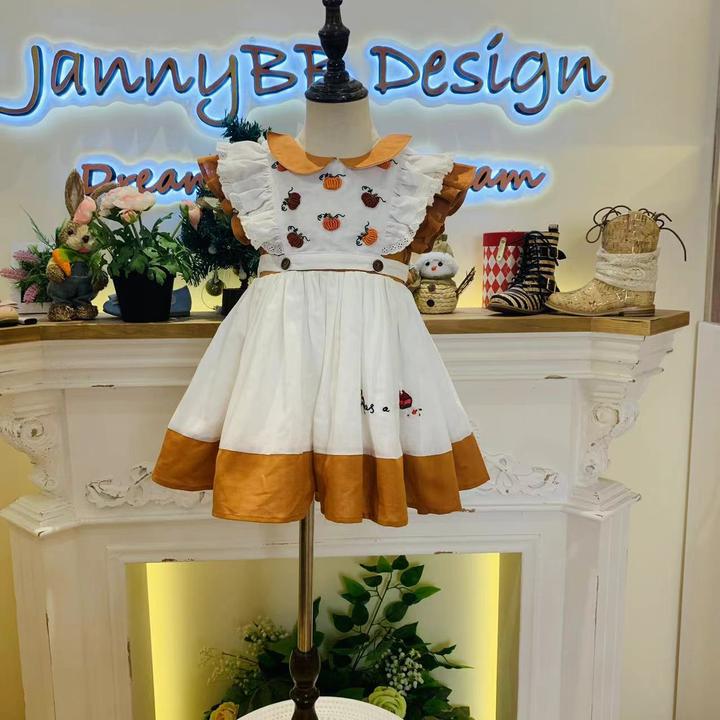 jannybb原创可拆卸多功能手绣南瓜套装女童洋气撞色拼接连衣裙
