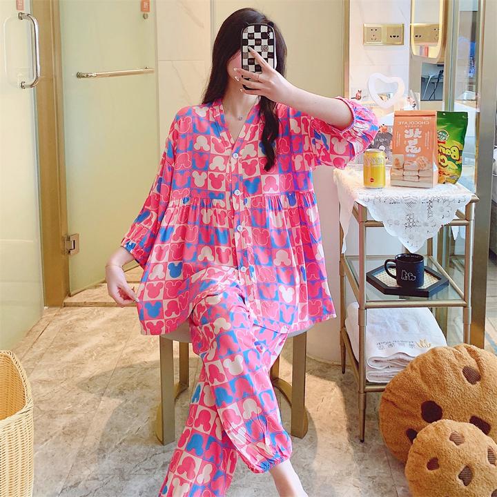 甜美韩版睡衣女棉绸简约开衫长裤春夏季高档可外穿女士大码家居服