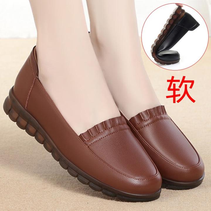 真头层皮软底平底防滑牛筋底一脚蹬中老年妈妈鞋女士皮鞋单鞋女鞋