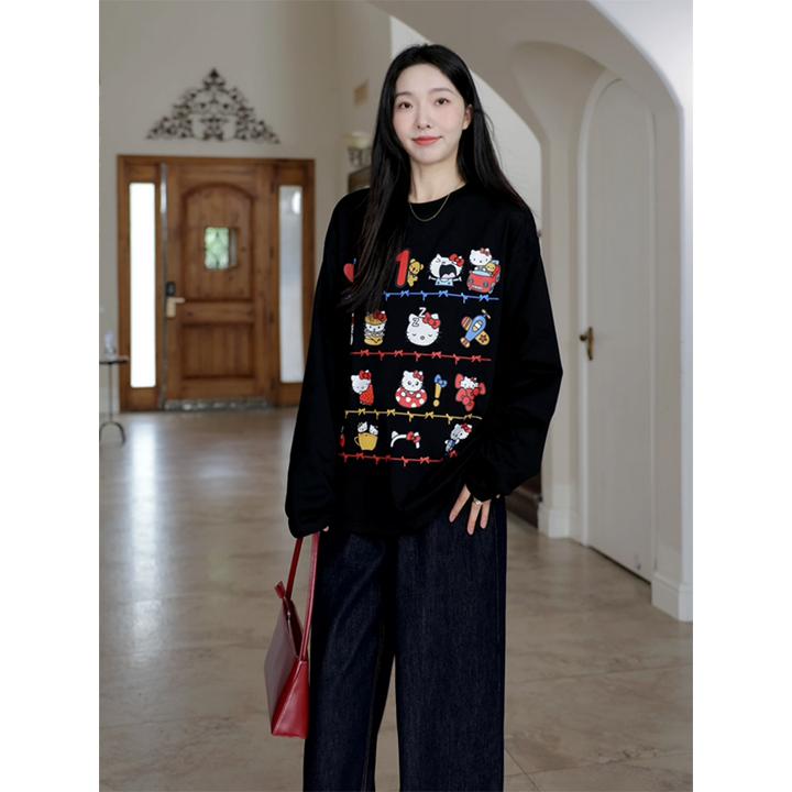 郭九九呢 纯棉kitty猫宽松休闲印花大版T恤阔腿牛仔裤 G924Y14971