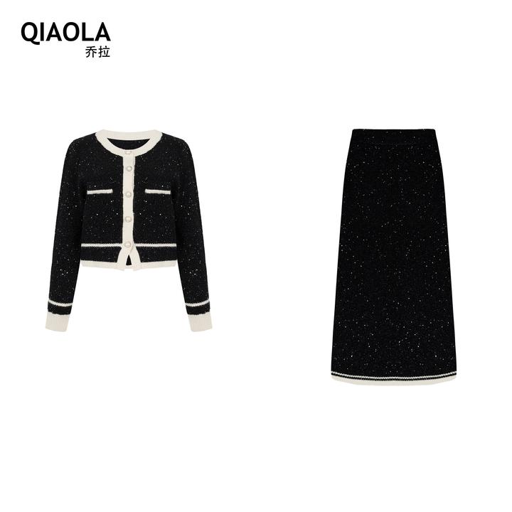 QIAOLA/乔拉【星河万里】秋冬款闪片毛织拼圆领单排扣时尚套装预售