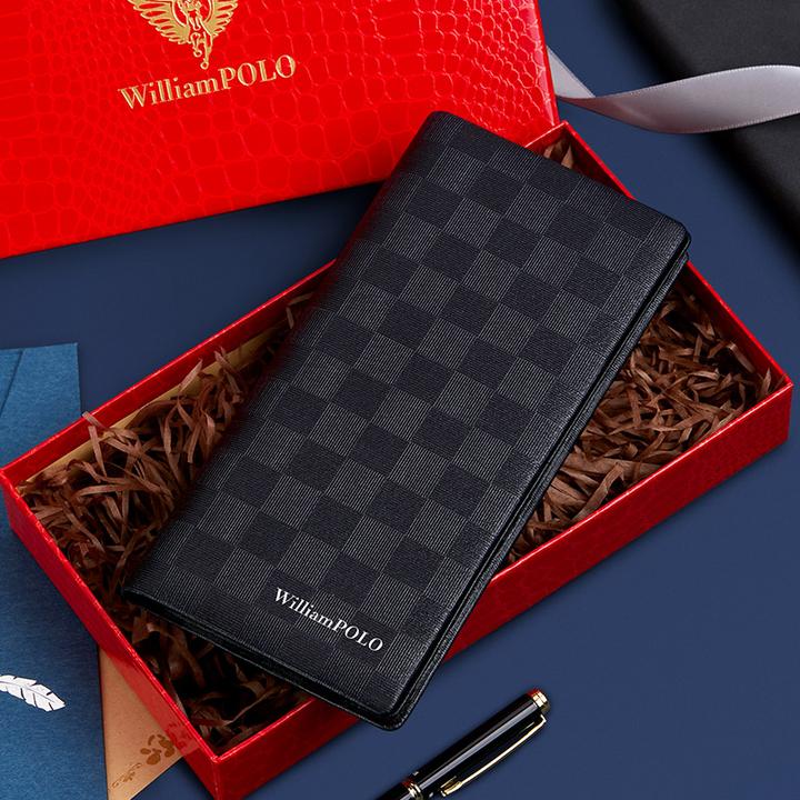 英皇保罗时尚格纹男士长款钱包真皮皮夹2025新款潮流商务休闲钱包
