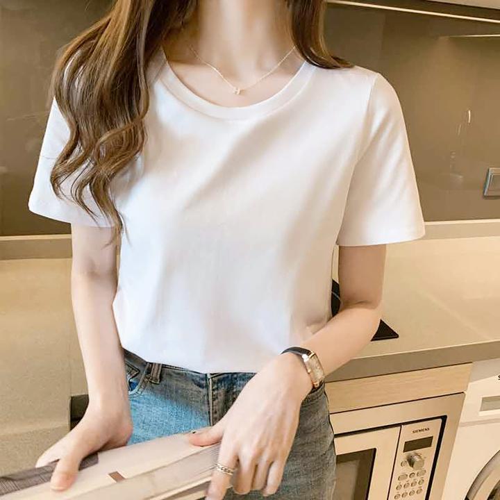 白色t恤女短袖夏季2025新款宽松圆领显瘦纯色百搭大码棉质上衣ins