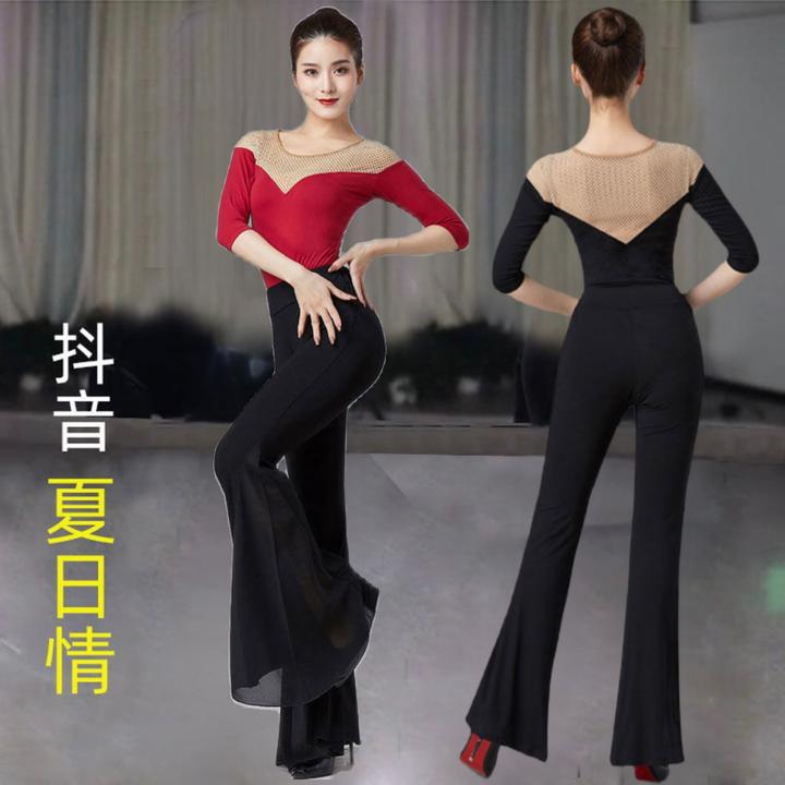 网红镶钻形体训练服女新款分体微喇叭裤黑红色莫代尔形体服装夏季