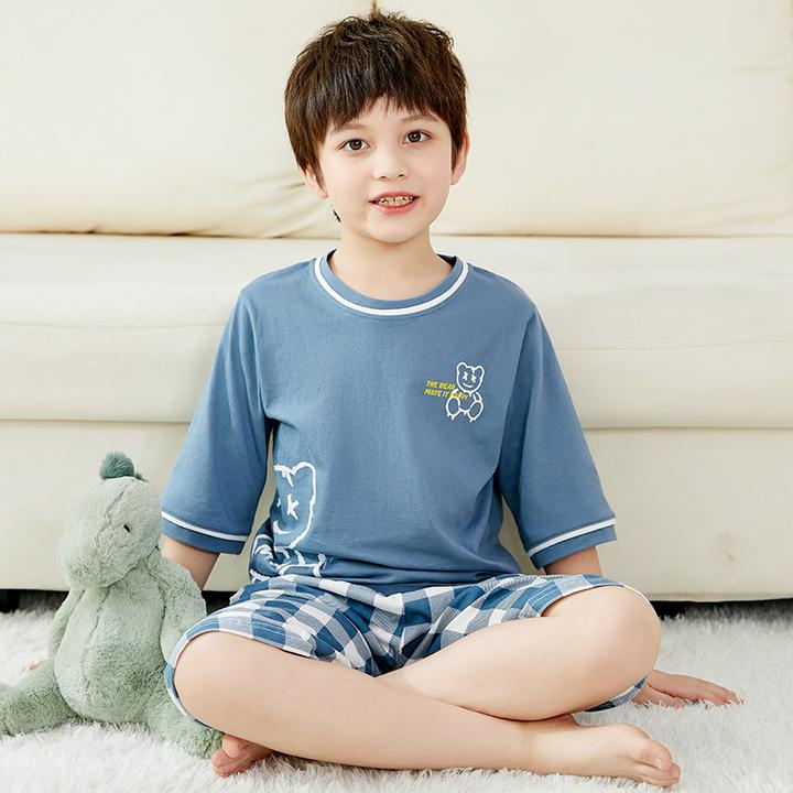 新款100%全棉儿童睡衣男童纯棉短袖套装中大童宝宝夏季薄款家居服