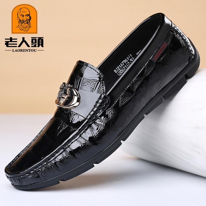老人头皮鞋男秋季新款真皮豆豆鞋休闲皮鞋牛皮透气一脚蹬懒人男鞋