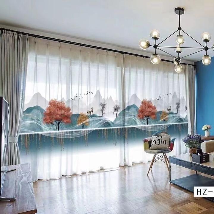 新中式风景水墨山水画中国风窗帘窗纱禅意书房客厅卧室窗纱帘定制