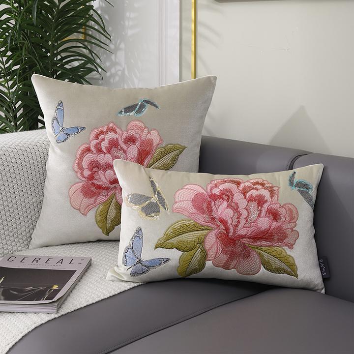 中式客厅红木沙发靠垫牡丹刺绣腰枕床头靠包抱枕靠枕长方形靠腰枕