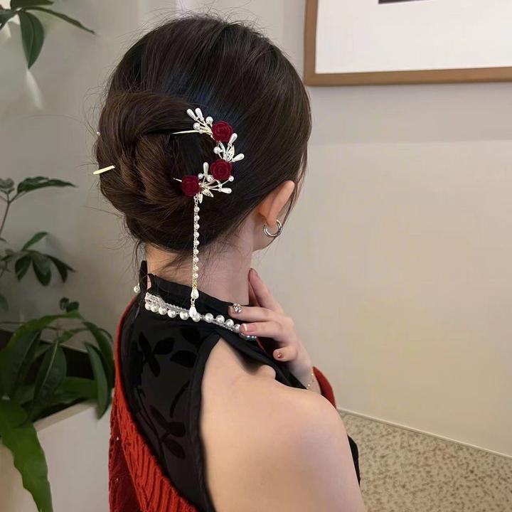 新中式红色u型流苏发簪气质百搭古风簪子发钗头饰发饰