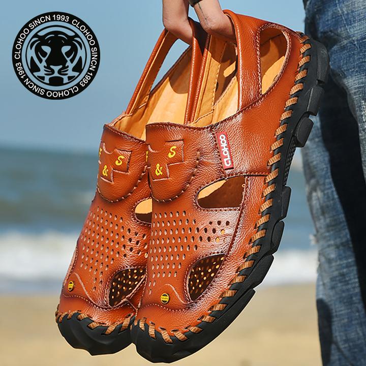 【其乐虎】手工缝线包头凉鞋男夏季男士洞洞鞋透气休闲鞋男软底户外