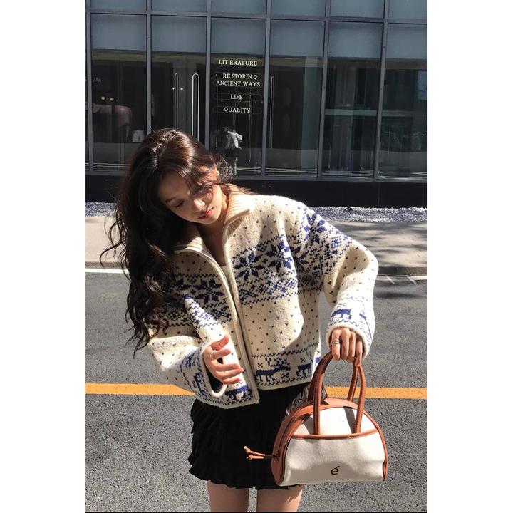 馨帮帮日系古着感重工立领拉链针织开衫雪花刺绣毛衣外套女秋冬