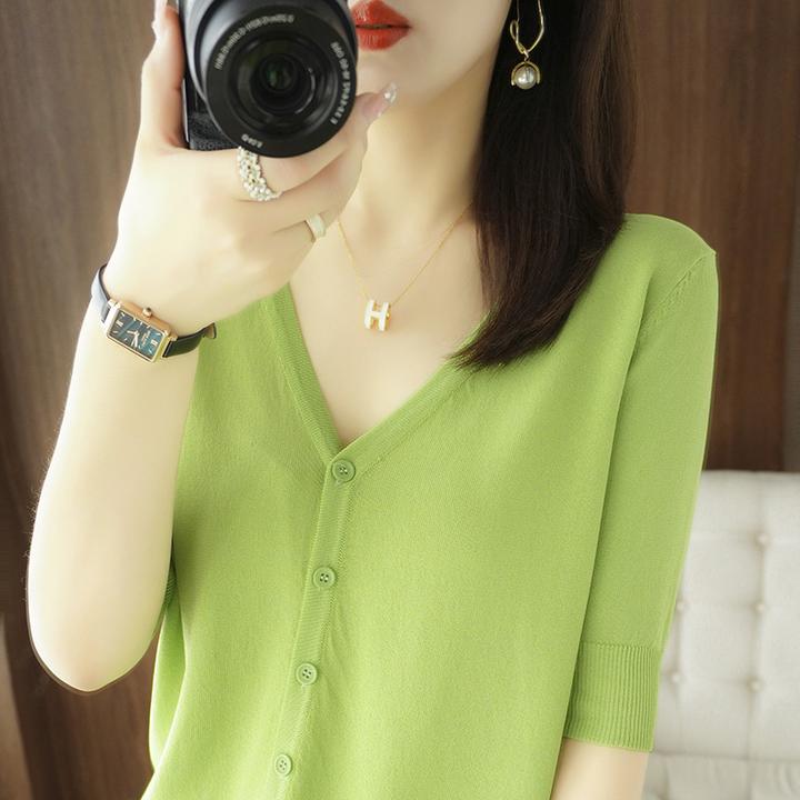 清新减龄显瘦开衫女外搭短袖t恤2025年夏季新款针织衫薄款V领上衣