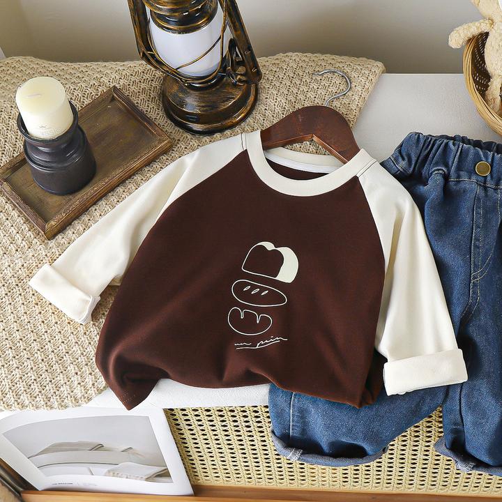 乐畅家2024新款秋装男童插肩袖字母长袖上衣女宝卡通儿童圆领长袖
