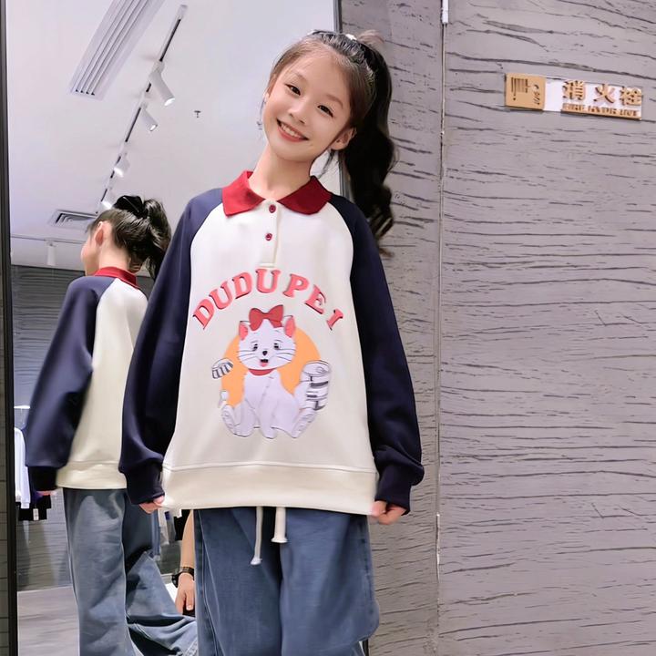 女童秋装POLO领卡通印花小猫长袖卫衣2023年新款中大儿童秋装上衣
