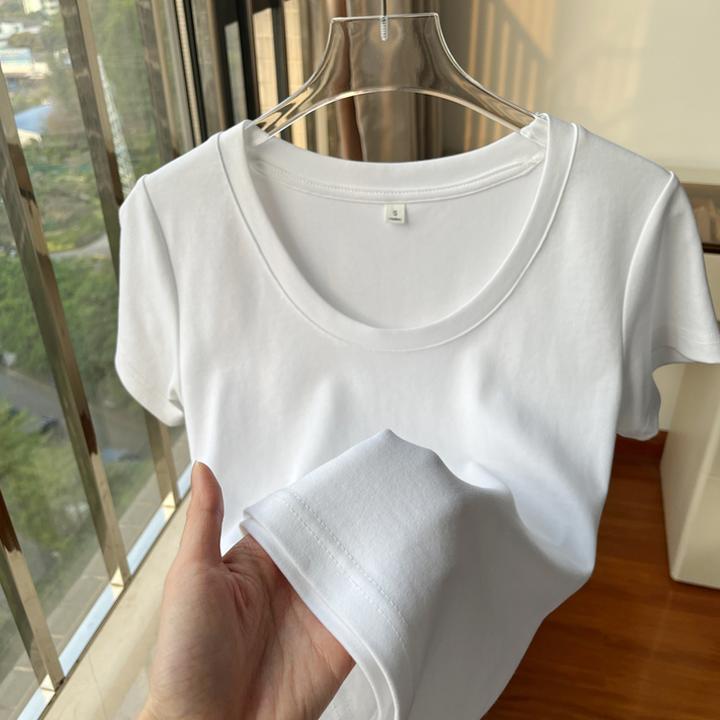 白色百搭大领口正肩体恤T恤女2025新款春夏季u领打底修身低领上衣