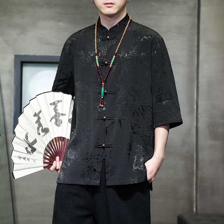 冰丝衬衫男夏季薄款新中式男装复古风宽松大码中国风短袖唐装汉服