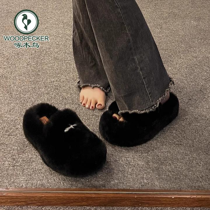 十字花毛毛拖鞋女外穿2024春秋新款ins潮防滑厚底懒人一字棉拖鞋