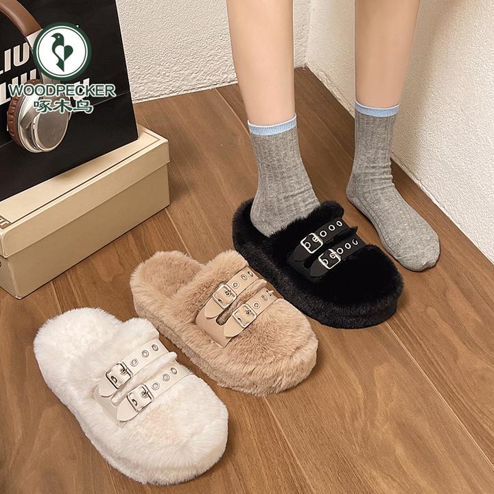 啄木鸟包头毛毛拖鞋女外穿2024年新款秋冬小众时尚皮带扣增高棉拖