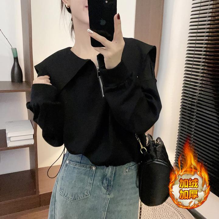 韩版时尚娃娃领抽绳加绒加厚卫衣女2025年秋冬季新款拉链洋气上衣