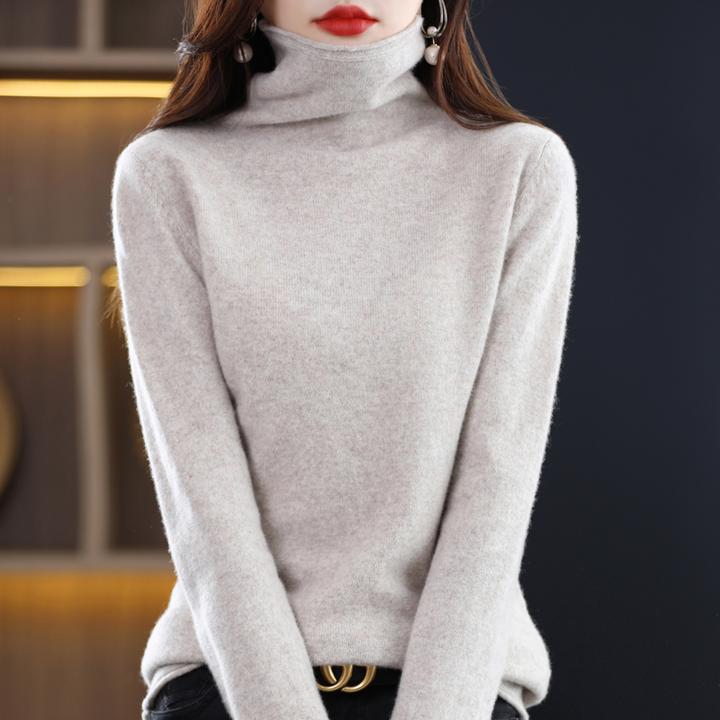秋冬堆堆领100%纯羊毛衫女士宽松保暖毛衣高领套头羊毛打底衫