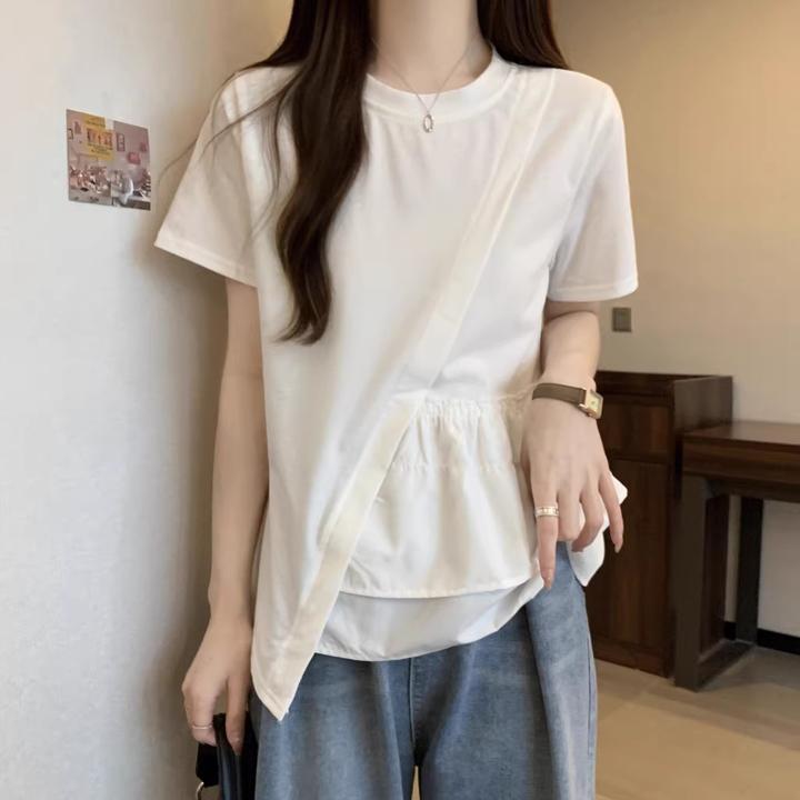 大码遮肚子设计感小众短袖T恤女夏季胖MM显瘦百搭不规则正肩上衣