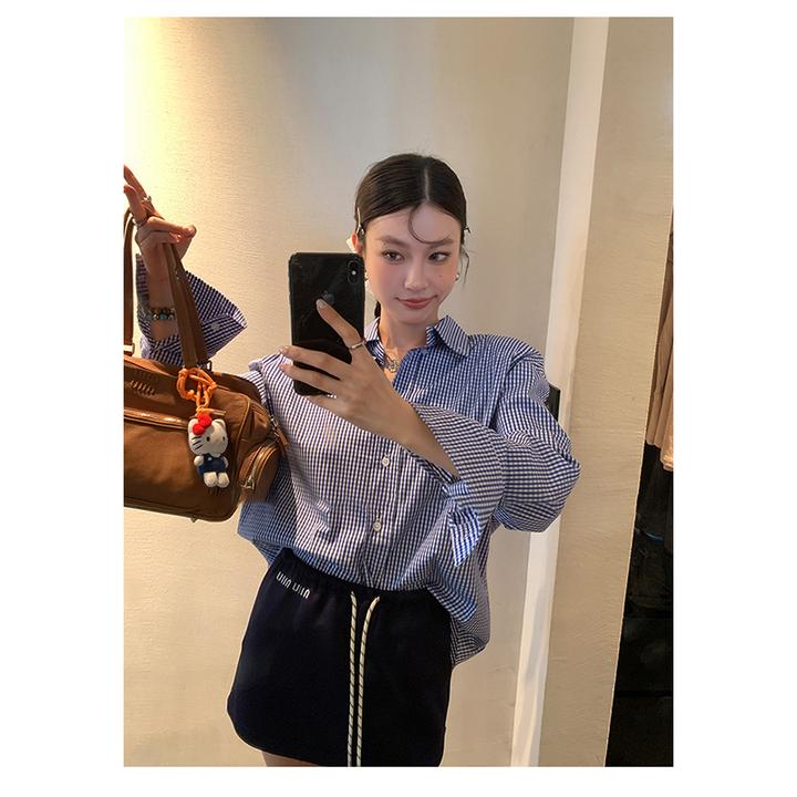 2024秋季新款复古蓝白格子长袖衬衫宽松百搭休闲中长款上衣短裤女
