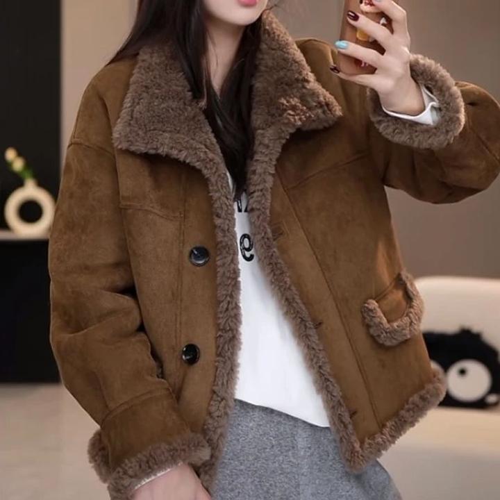 加厚双面穿外套女秋冬2026新款韩版保暖宽松洋气加绒皮毛一体夹克