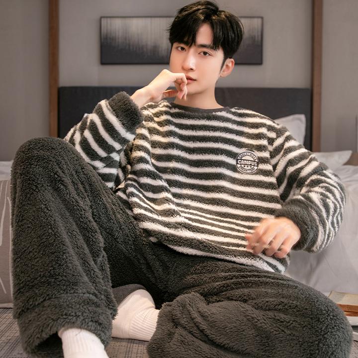 2024年新款珊瑚绒睡衣男冬季加绒加厚学生青少年法兰绒男士家居服