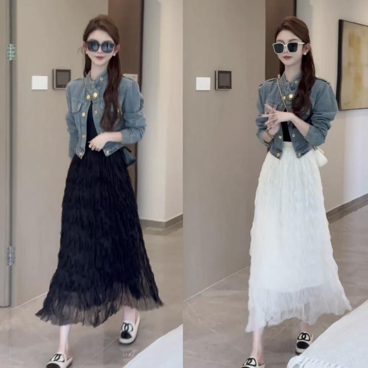 2024美式复古个性金扣短款牛仔外套+波浪卷网纱裙高腰显瘦半身裙