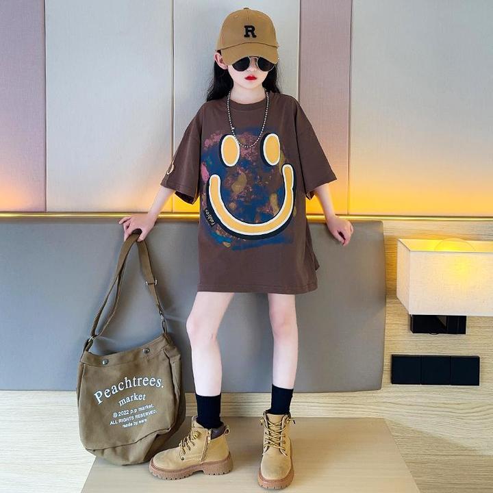 女童阔版宽松T恤2024夏季韩版小女孩洋气立体印花中长款时尚短袖