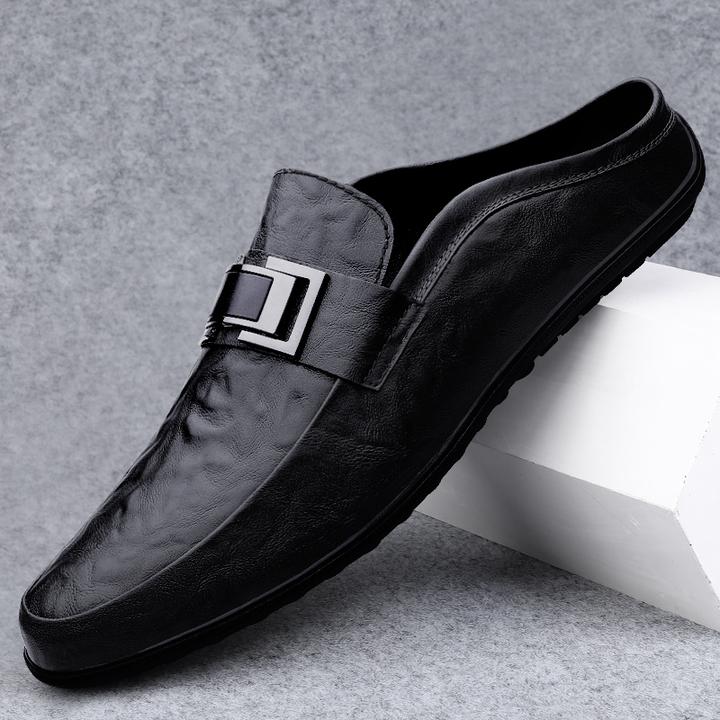 包头半拖鞋男软底透气上班薄款休闲皮鞋韩版百搭一脚蹬男士豆豆鞋