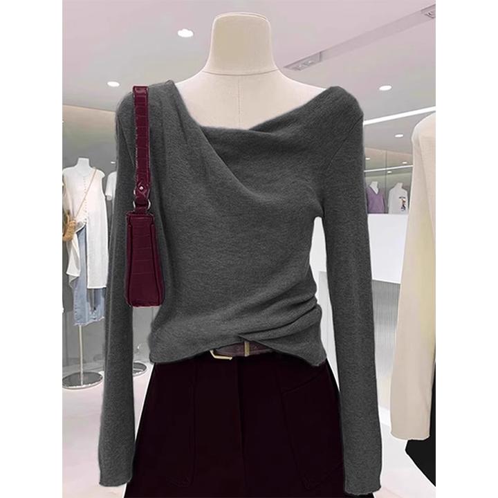 小个子内搭短款荡领针织衫女秋冬短款灰色毛衣打底高级感长袖上衣