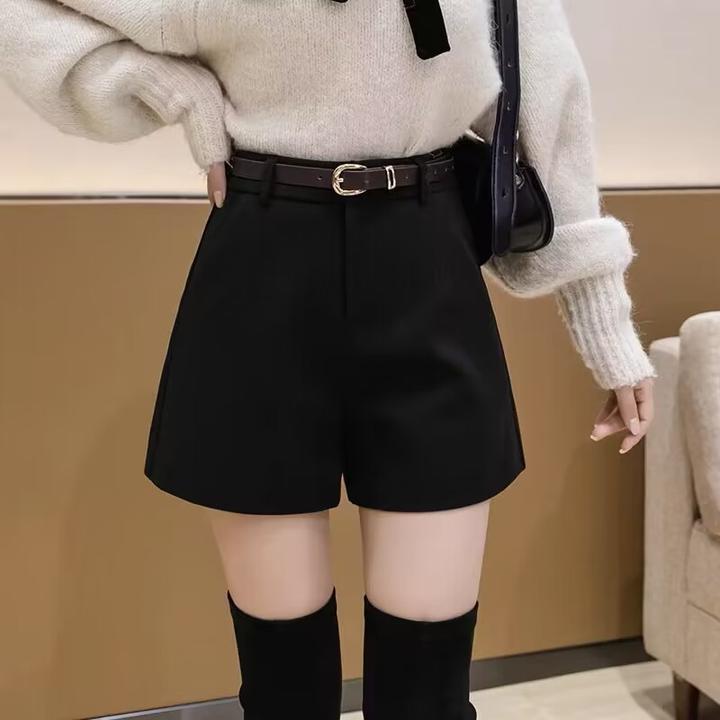 【送腰带】外穿毛呢短裤女秋冬季新款高腰A字靴裤显瘦配靴子阔腿裤